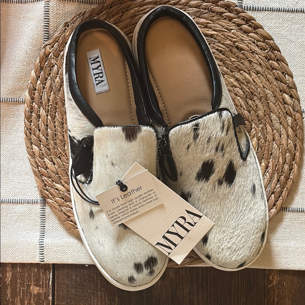 Myra Bag Black and White Cowhide Slip-Ons